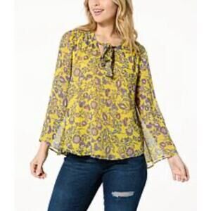 Jessica Simpson Leslie Floral Print Chiffon Tie Neck Blouse - XS